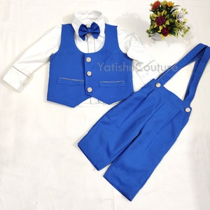 Blue Birthday Boy Suit, Ring Bearer Outfit, 4-Piece Page Boy Suspender Pant Set, Toddler Baptism Suspender Outfit, Waistcoat