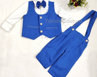 Blue Ring Bearer Outfit: Boys 4-Piece Suspender Pant Set, First Birthday Baby Clothes