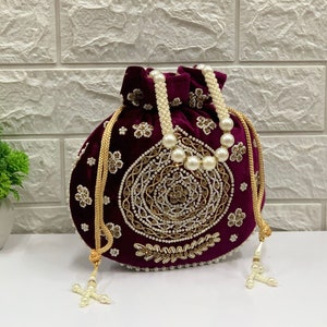 Indian Potli Bag, Maroon Wedding Potli Bag, Bridesmaid Bridal Handbag for Wedding, Evening Party, Potli Gift For Her Women Potli Bag