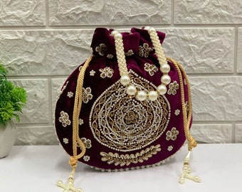 Indian Potli Bag, Maroon Wedding Potli Bag, Bridesmaid Bridal Handbag for Wedding, Evening Party, Potli Gift For Her Women Potli Bag