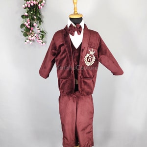 Kids Velvet Suit, Boy First Birthday Outfit, Burgundy Personalized Ring Bearer Tuxedo Set