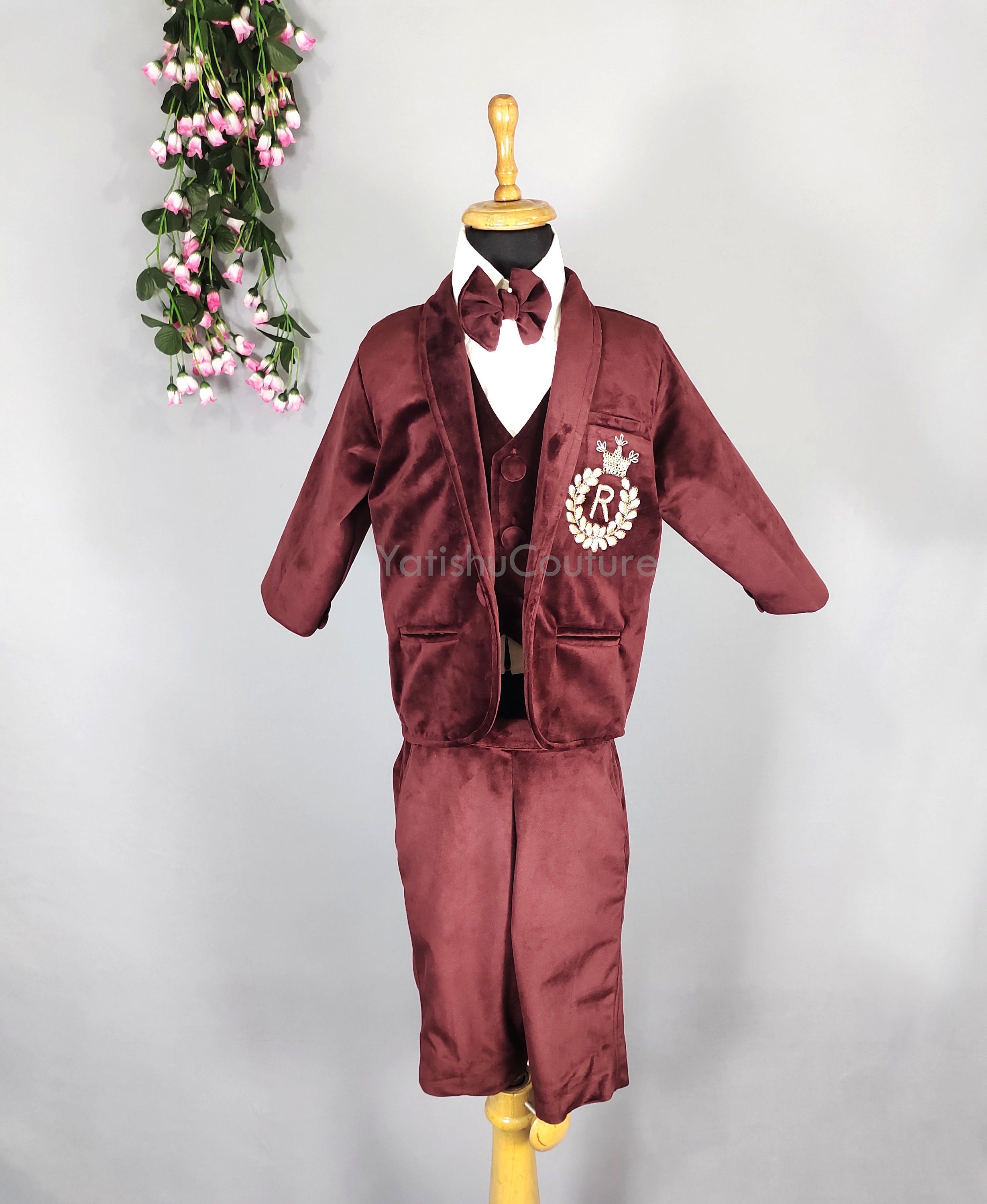 Burgundy Baby Velvet Suit Kids Velvet Suit, Boy First Birthday