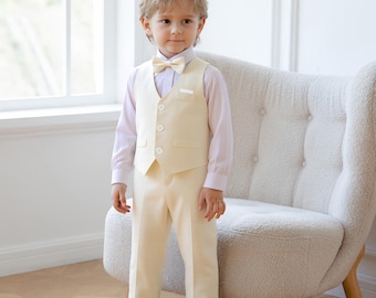 Completo beige per neonato / Abito da festa per bambini in 4 pezzi / Set composto da gilet, camicia, papillon e pantaloni