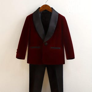 Boys Burgundy Velvet Blazer, Waistcoat, Pants, Shirt, and Bow Tie Set – Complete 5-Piece Outfit, Burgundy Boys Formal Tuxedo Suit