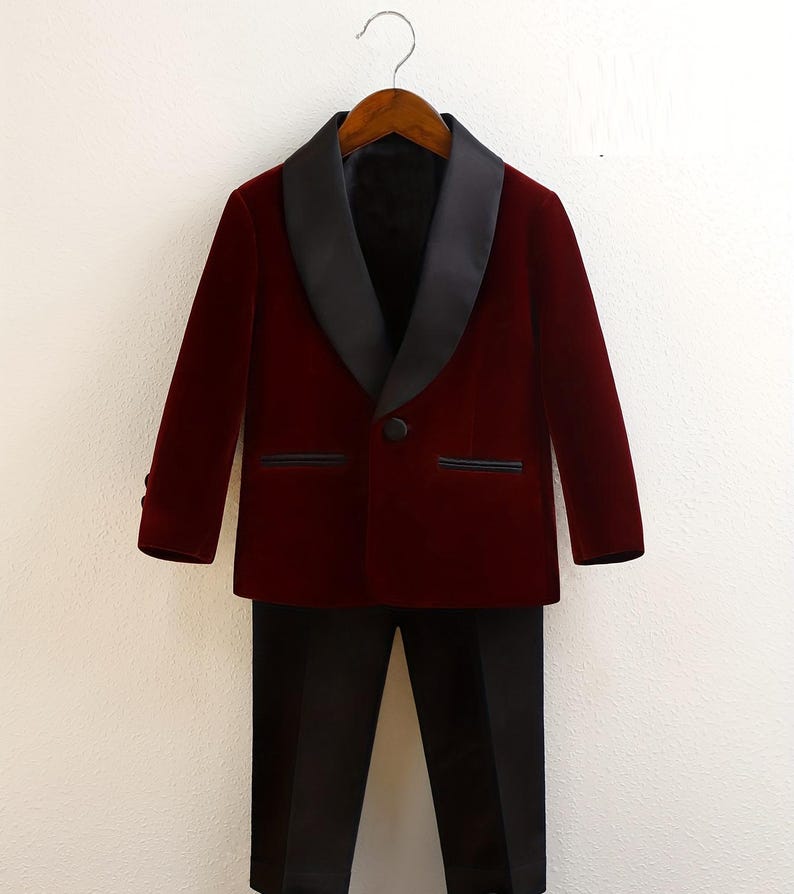 Boys Burgundy Velvet Blazer, Waistcoat, Pants, Shirt, and Bow Tie Set – Complete 5-Piece Outfit, Burgundy Boys Formal Tuxedo Suit