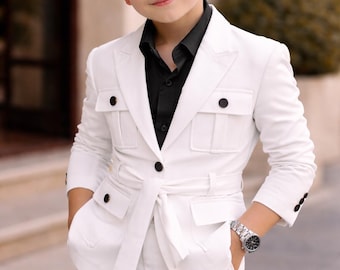 Traje formal blanco de lujo para niños / Traje de boda infantil / Traje para portador de anillos / Conjunto de chaqueta para fiesta de cumpleaños / Hecho a medida