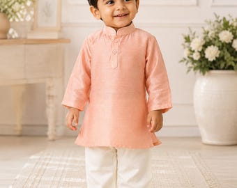 Kurta Pajama para Bebé Niño: Ropa étnica india infantil de seda naranja, conjunto para Diwali, boda