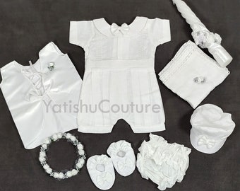 Baby Jungen Tauf Outfit, Leinen weiß Taufe Set mit Strampler, Mütze, Booties, Kerze