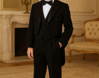 Terno de fraque preto de três peças para meninos pequenos: ideal para casamentos formais e aniversários de um ano.