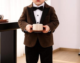 Chocolate Brown 2-Piece Velvet Suit for Boys | Modern Boy Wedding Outfit | Ring Bearer Tuxedo