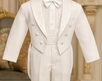 Traje de esmoquin blanco para niño con pajarita: traje de 5 piezas para bautizo con cinturón