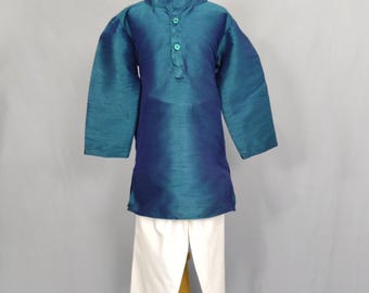 Conjunto de pijama kurta de seda para niño: ropa étnica india azul marino, atuendo para bebé Diwali, boda