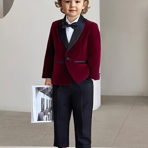 Boys Burgundy Velvet Tuxedo Suit – 5-Piece Formal Wedding Outfit for Kids, Page Boy, Communion, and Birthday party