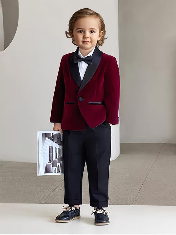 Boys Burgundy Velvet Tuxedo Suit: Kid 5-Piece Formal Wedding Wear, Communion, Page Boy Outfit