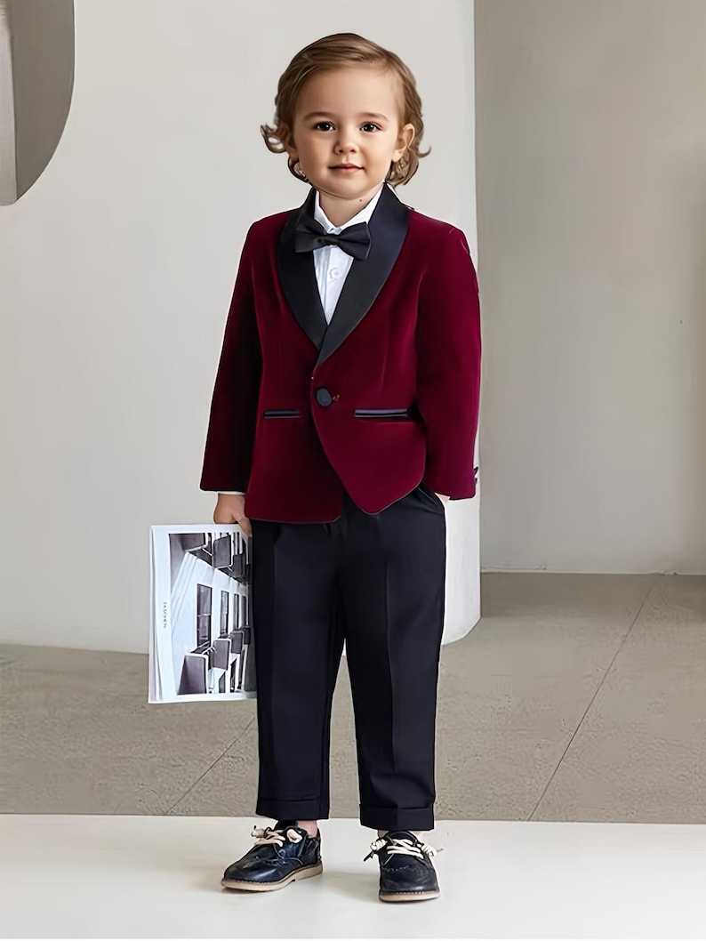 Boys Burgundy Velvet Tuxedo Suit – 5-Piece Formal Wedding Outfit for Kids, Page Boy, Communion, and Birthday party