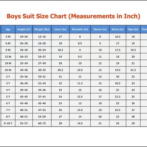 Op de afbeelding: Een tabel met de titel "Boys Suit Size Chart (Measurements in Inch)" met maattabellen voor jongens van 3 maanden tot 9-10 jaar. De maten omvatten lengte, gewicht, borst, schouder, mouw, taille, heupen en broeklengte in inches.