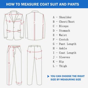 Op de afbeelding: Diagram met uitleg over het meten van een jas, pak en broek. De afbeelding toont contouren van een jasje en broek met gemarkeerde meetpunten: schouder, borst/bust, biceps, buik, taille, kruis, broeklengte, enkel, jaslengte, mouwen, heup en dij.