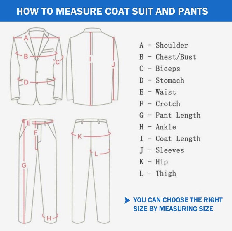 Op de afbeelding: Diagram met uitleg over het meten van een jas, pak en broek. De afbeelding toont contouren van een jasje en broek met gemarkeerde meetpunten: schouder, borst/bust, biceps, buik, taille, kruis, broeklengte, enkel, jaslengte, mouwen, heup en dij.