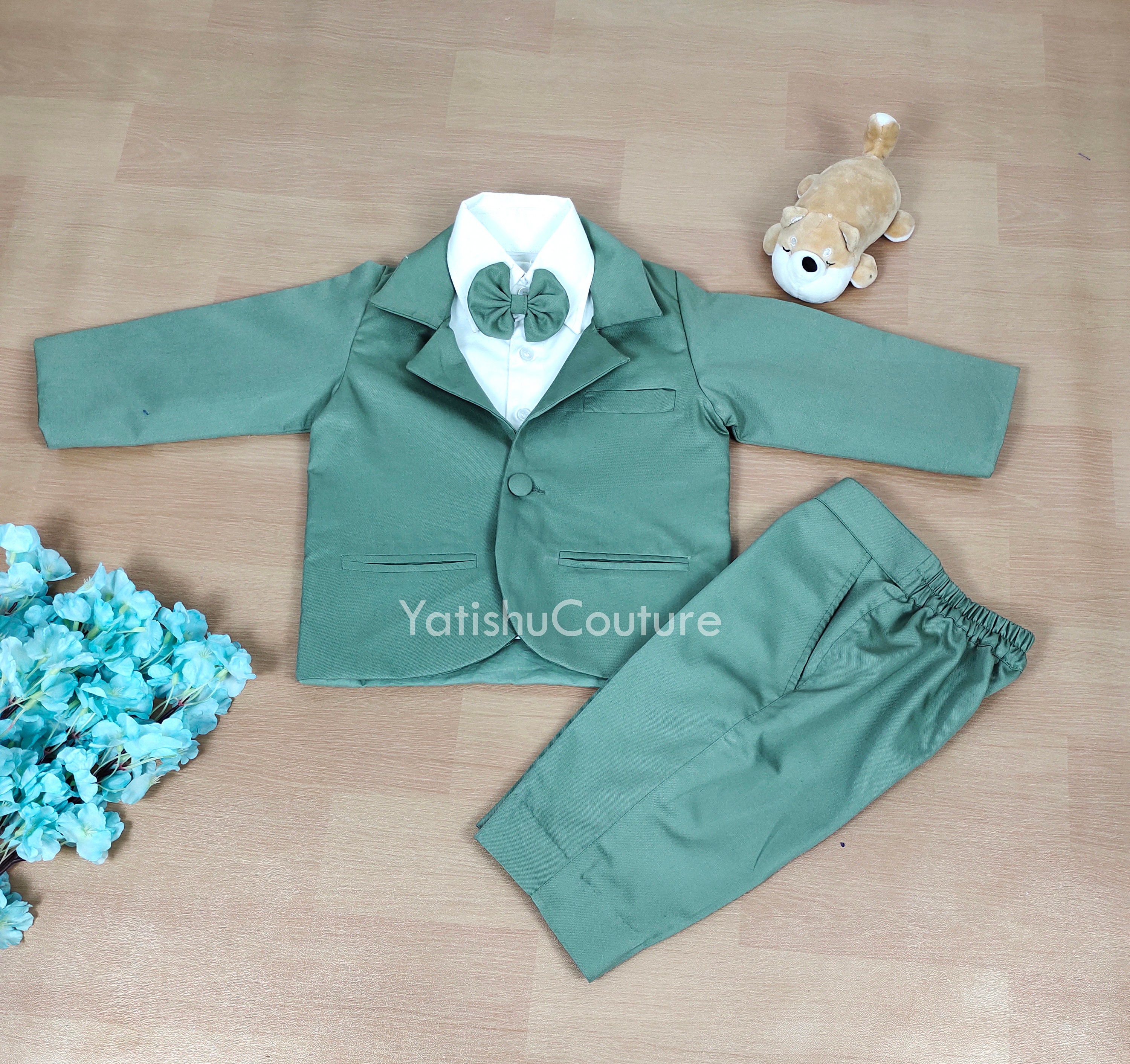 Boys Suits British Children's Clothing Set Baby Flower Girl Dresses  Handsome First Birthday Party Fashion Green Formal Suit