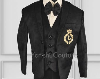 Black Velvet 5-Piece Suit for Boys: First Birthday Outfit, Toddler Wedding Tuxedo Set