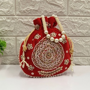 Red Velvet Potli Bag: Pearl Zardosi Indian Wedding Clutch