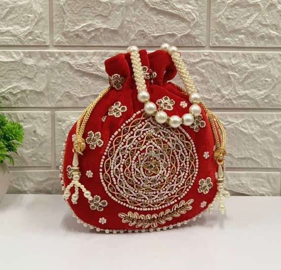 Red Velvet Potli Bag: Pearl Zardosi Indian Wedding Clutch - Etsy