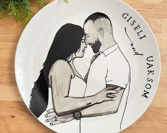 Hand-Painted Wedding Portrait Plate, Custom Porcelain Anniversary Gift