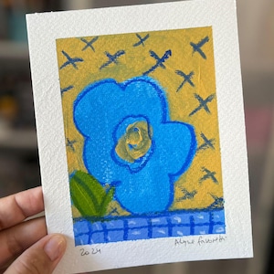 Acrylschilderij blauwe bloem: 5 x 7 originele kunst op papier