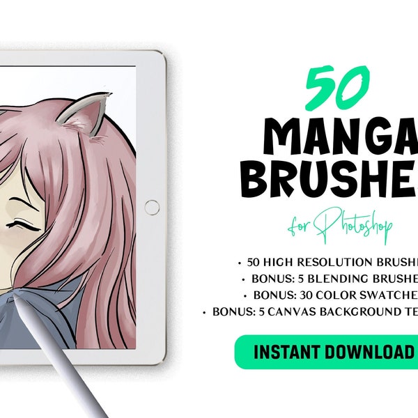 50 Photoshop Manga Brush Bundle | Dotwork, Shading, Linework & Copic Marker Brushes for Anime Artists | Studio Ghibli Inspired Brushes