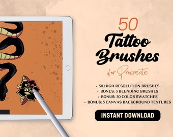 50 Tattoo Brushes for Procreate | Old School Traditional Tattoo Brushes for Tattoo Artists, Stiplling, Shading, Liner & Dotting
