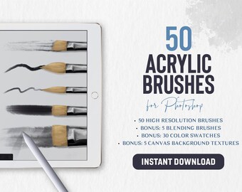 50 Acrylic Brushes for Photoshop | Realistic Oil Painting, Acrylic Painting, Palette Knife, Wet on Dry, Textured Brushes, Wet on Wet Oil