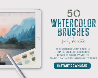 50 Procreate Watercolor Brushes | Brushes for Watercolor Painting, Watercolor Splatter, Watercolor Texture, Realistic & Pressure Sensitive