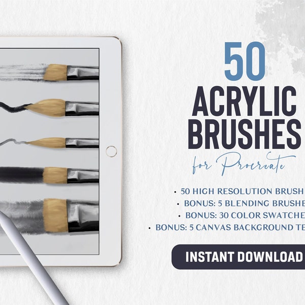 50 Acrylic Brushes for Procreate | Realistic Oil Painting, Acrylic Painting, Palette Knife, Wet on Dry, Textured Brushes, Wet on Wet Oil