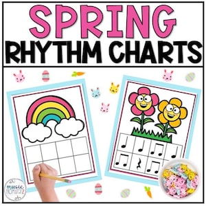 May include: Spring Rhythm Charts with a rainbow and flower theme. The image features two charts with a rainbow and flowers, along with musical notes. Decorative elements include bunny and carrot shapes, and a hand holding a pencil.