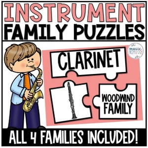 May include: A colorful educational puzzle set with the text "INSTRUMENT FAMILY PUZZLES" and "CLARINET". The image includes a cartoon illustration of a child playing a saxophone. The puzzle pieces show a clarinet and the words "WOODWIND FAMILY".