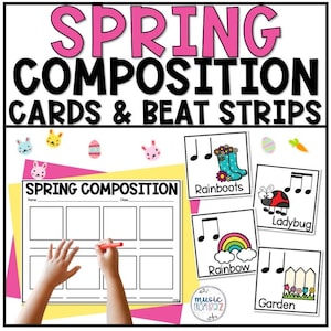 May include: A vibrant educational resource for spring composition. The image displays the text "SPRING COMPOSITION CARDS & BEAT STRIPS". Illustrations include rainboots, a rainbow, a ladybug, and a garden. A child's hands are drawing on a worksheet.
