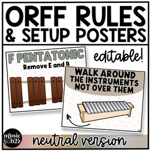 May include: A set of educational posters titled ORFF RULES & SETUP POSTERS. One poster shows F PENTATONIC with brown bars labeled C, D, F, G, A, C, D. Another poster shows a xylophone with the text WALK AROUND THE INSTRUMENTS NOT OVER THEM.