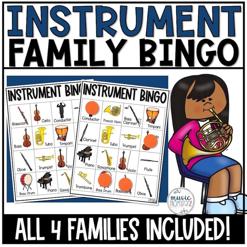 Puede incluir: Un juego educativo colorido titulado "Instrument Family Bingo". El juego incluye dos cartones de bingo con ilustraciones de instrumentos musicales, como una trompeta, un piano y un viol&iacute;n. Una ni&ntilde;a de dibujos animados toca una trompa. El texto "ALL 4 FAMILIES INCLUDED!" est&aacute; en la parte inferior.