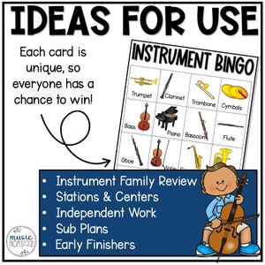 Puede incluir: Un colorido p&oacute;ster educativo titulado "IDEAS FOR USE" con un juego de "INSTRUMENT BINGO". La tarjeta de bingo presenta ilustraciones de instrumentos musicales. Un ni&ntilde;o de dibujos animados sostiene un violonchelo. El p&oacute;ster tambi&eacute;n enumera aplicaciones educativas.