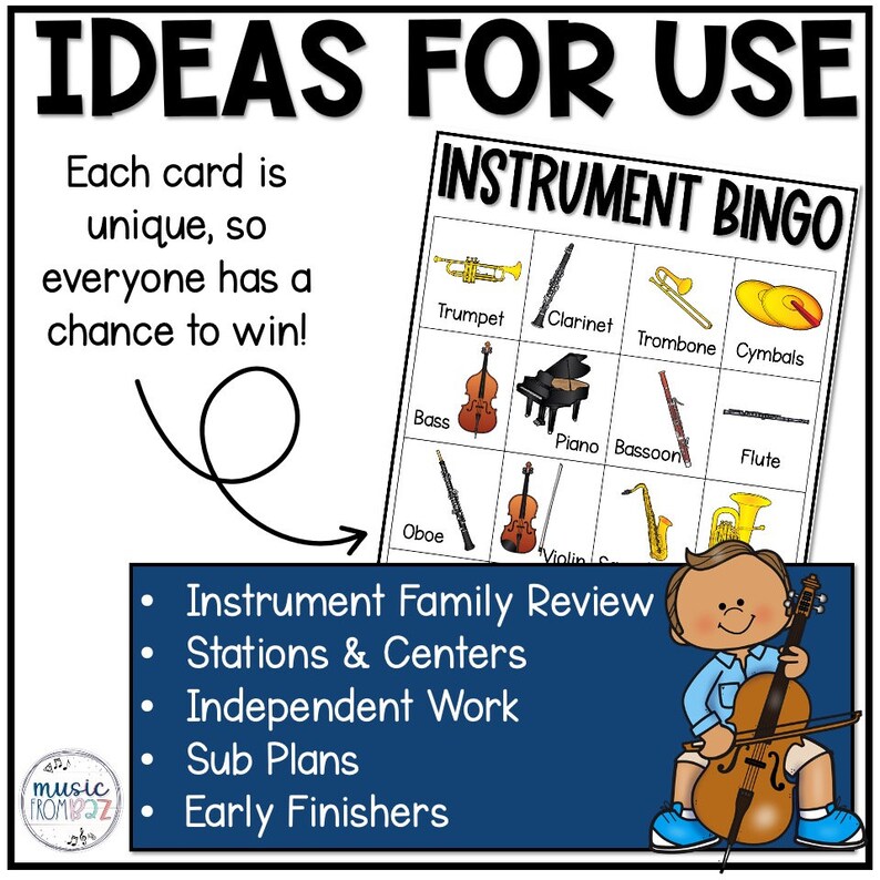 Puede incluir: Un colorido p&oacute;ster educativo titulado "IDEAS FOR USE" con un juego de "INSTRUMENT BINGO". La tarjeta de bingo presenta ilustraciones de instrumentos musicales. Un ni&ntilde;o de dibujos animados sostiene un violonchelo. El p&oacute;ster tambi&eacute;n enumera aplicaciones educativas.