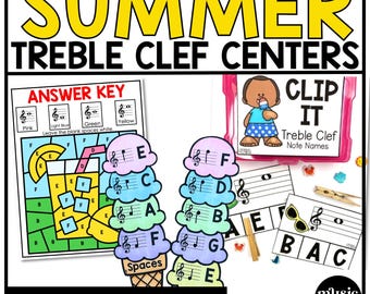 Summer Music Centers BUNDLE Summer Treble Clef Worksheets Music Games Sub Plans