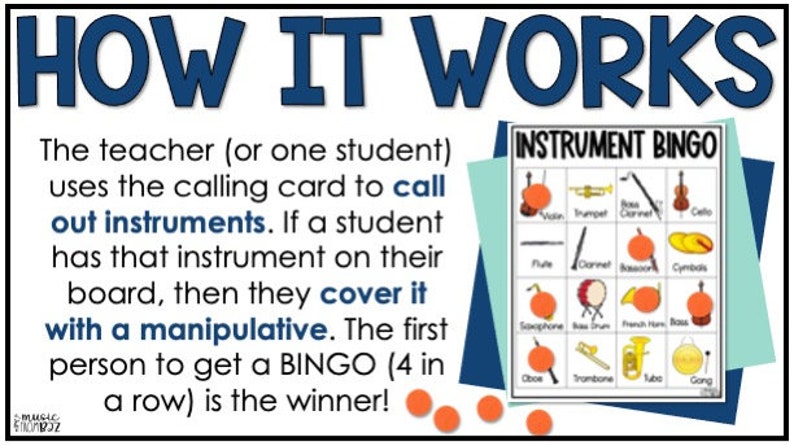 Puede incluir: Un colorido p&oacute;ster educativo titulado "HOW IT WORKS" explica las reglas del bingo de instrumentos. La tarjeta de bingo presenta ilustraciones de varios instrumentos musicales. El texto describe c&oacute;mo jugar, con marcadores naranjas.