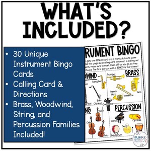 Puede incluir: Un p&oacute;ster educativo en blanco y negro, titulado "&iquest;Qu&eacute; est&aacute; incluido?", enumera 30 tarjetas de bingo de instrumentos &uacute;nicas, una tarjeta de llamada e instrucciones. El p&oacute;ster tambi&eacute;n incluye familias de metales, viento madera, cuerda y percusi&oacute;n. Tambi&eacute;n se muestra una tarjeta de "Bingo de instrumentos".