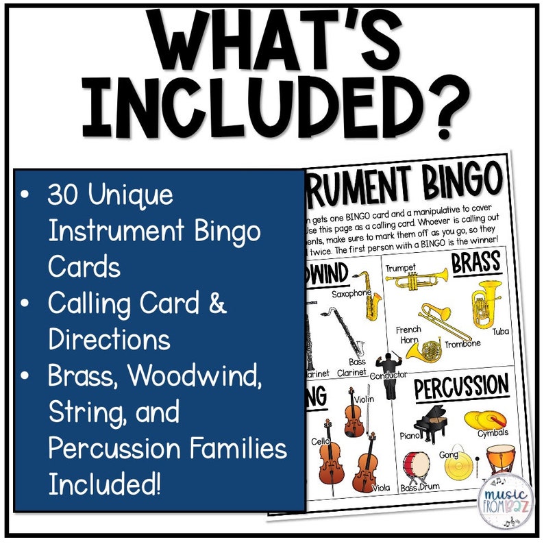 Puede incluir: Un p&oacute;ster educativo en blanco y negro, titulado "&iquest;Qu&eacute; est&aacute; incluido?", enumera 30 tarjetas de bingo de instrumentos &uacute;nicas, una tarjeta de llamada e instrucciones. El p&oacute;ster tambi&eacute;n incluye familias de metales, viento madera, cuerda y percusi&oacute;n. Tambi&eacute;n se muestra una tarjeta de "Bingo de instrumentos".