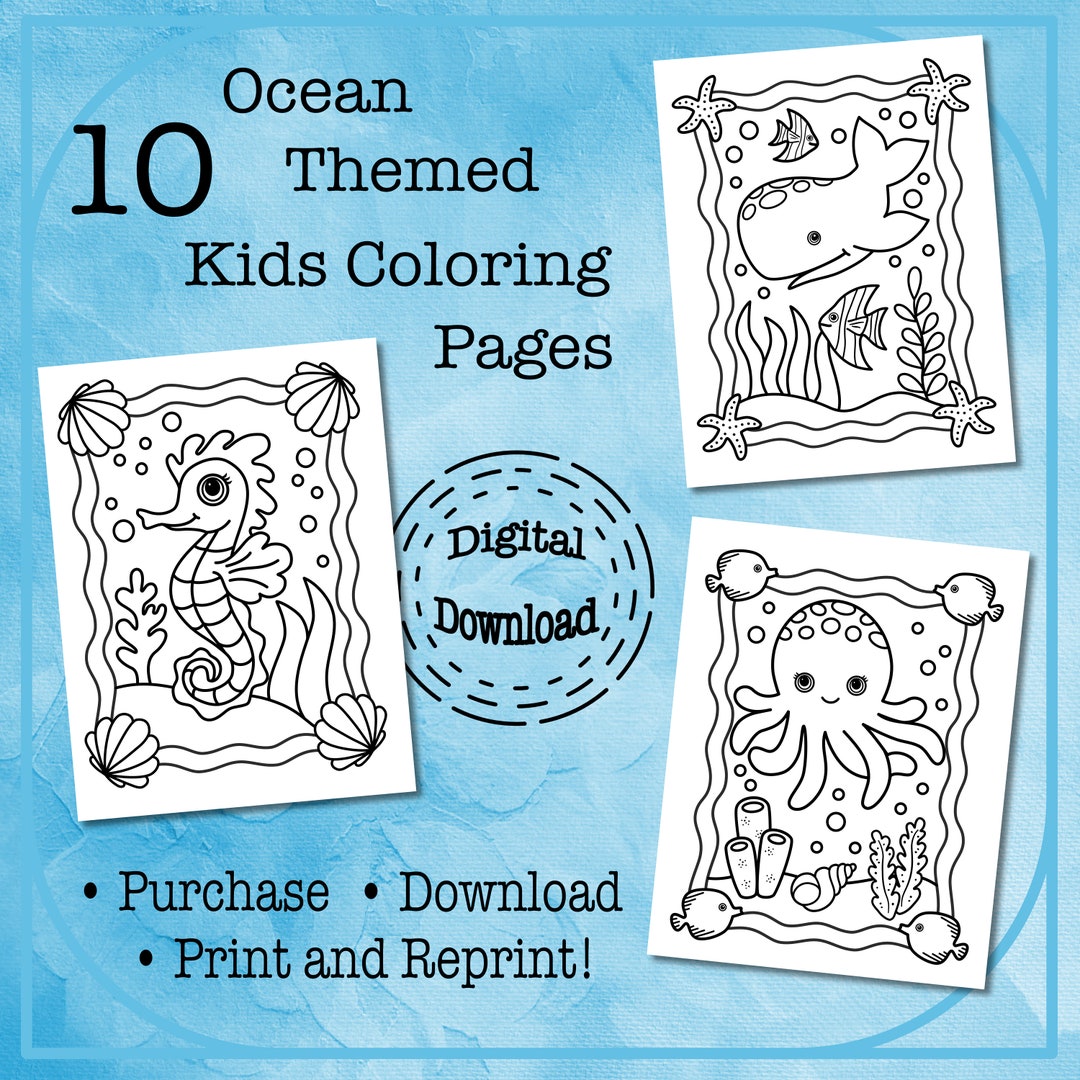 10 Ocean Themed Kids Coloring Pages - Etsy
