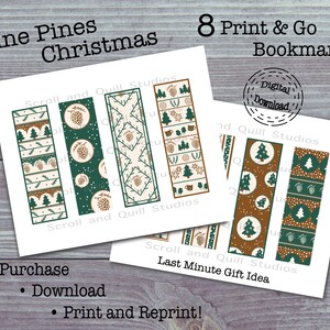 Può includere: Otto segnalibri di Natale stampabili con un design di albero di pino e fiocco di neve in tonalità di verde, marrone e bianco. Il testo "Fine Pines Christmas" e "8 Print & Go Bookmarks" è incluso nell'immagine.
