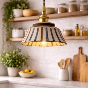 Handmade Striped Ceramic Pendant Light, Vintage Kitchen Hanging Lamp, Rustic Brass Ceiling Light
