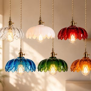 Vintage Glass Pendant Light, Flower Shade Hanging Lamp, Brass Ceiling Light, Kitchen Island Lighting, Dining Room Fixture, Colored Glass Lam
