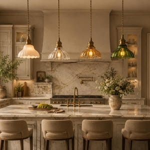 May include: A kitchen island with four beige upholstered bar stools. Above the island hang four pendant lights with glass shades in white, clear, amber, and green. The kitchen features marble countertops and a marble backsplash.