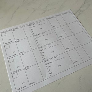 Puede incluir: Una hoja de papel blanca con una cuadrícula de casillas. Cada casilla tiene un encabezado para "Vitals q 4 8", "Card: Tele?", "Up w/ Diet", "Resp", "GI", "Skin", "Fluids", "y/o", "Full / DNR", "Dispo", y "Adm".